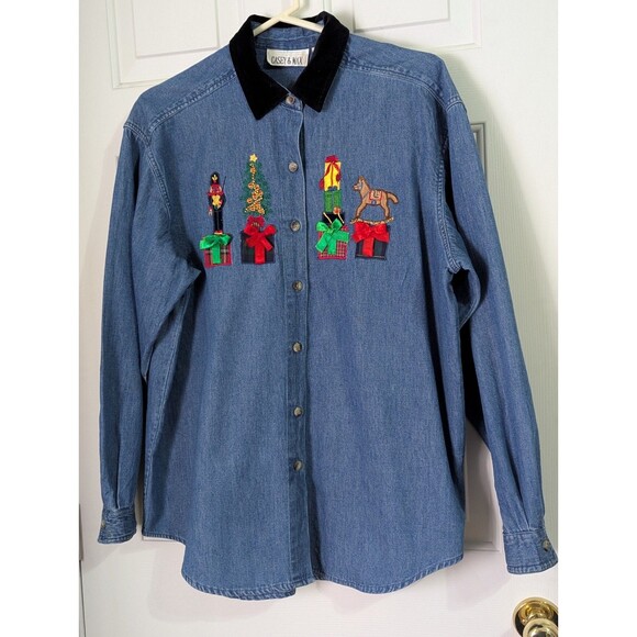 VTG Casey & Max Christmas Denim Shirt LARGE Embroidered Presents Velvet Collar - Picture 1 of 9